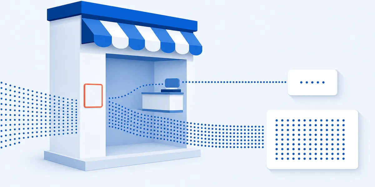 A wide stream of shoppers entering a store, with a thin line through the till reaching a small card and the much wider remainder passing a marker by the door and reaching a large card
