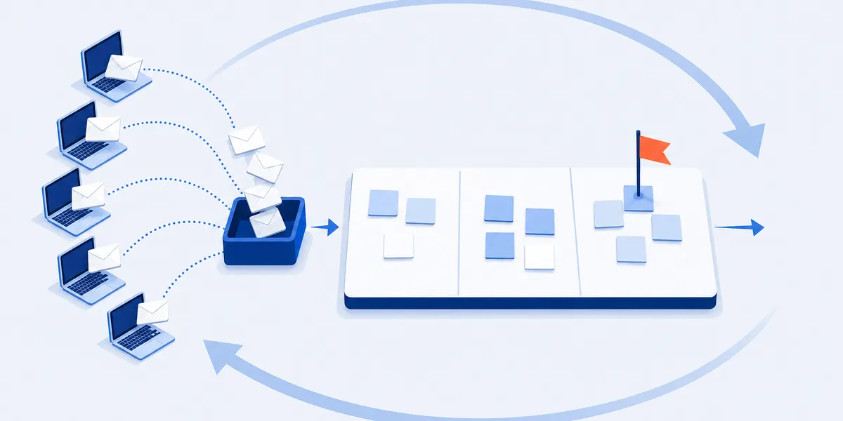 Five laptops each sending a sealed envelope into one tray, which empties onto a three-column board of grouped notes with one flag planted on a single cluster, inside a circular arrow for the repeating sprint