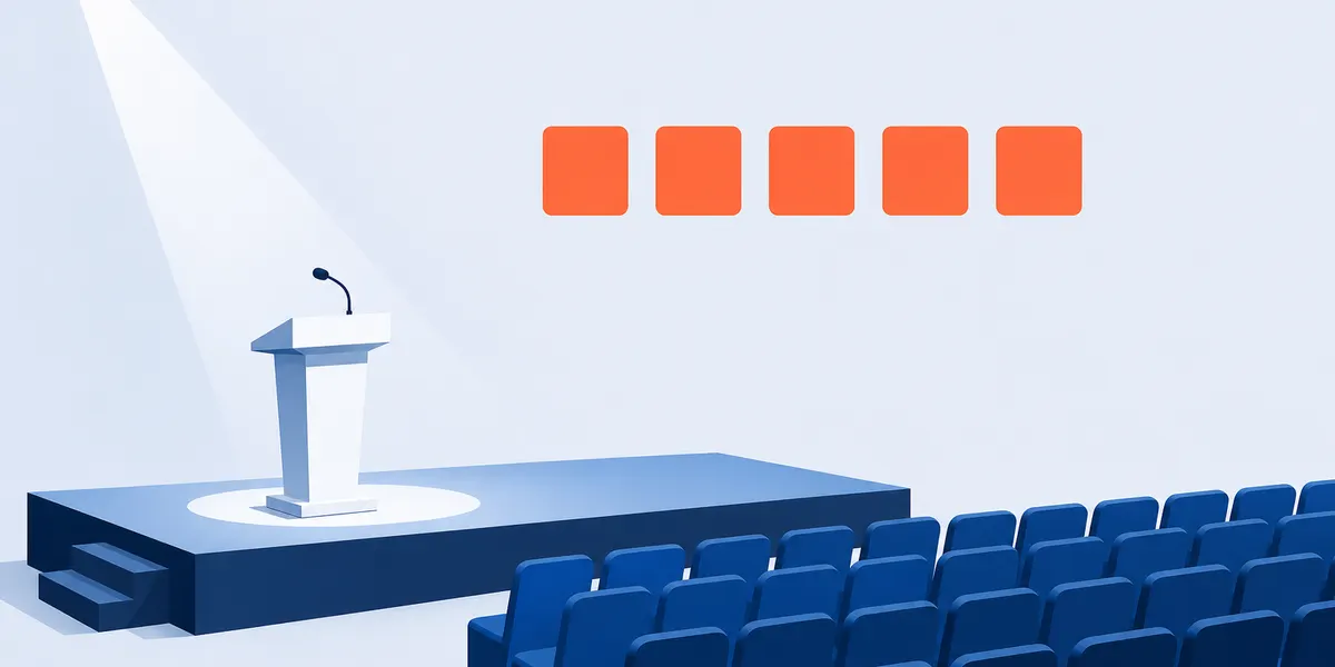 A single lit lectern facing rows of empty seminar seats, with five identical rating markers floating above the audience all tinted the same colour