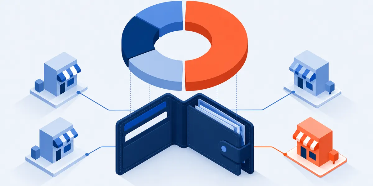 An isometric open wallet beneath a ring chart split into blue segments and one larger coral segment, with lines running from the wallet to four small storefronts, one of them coral