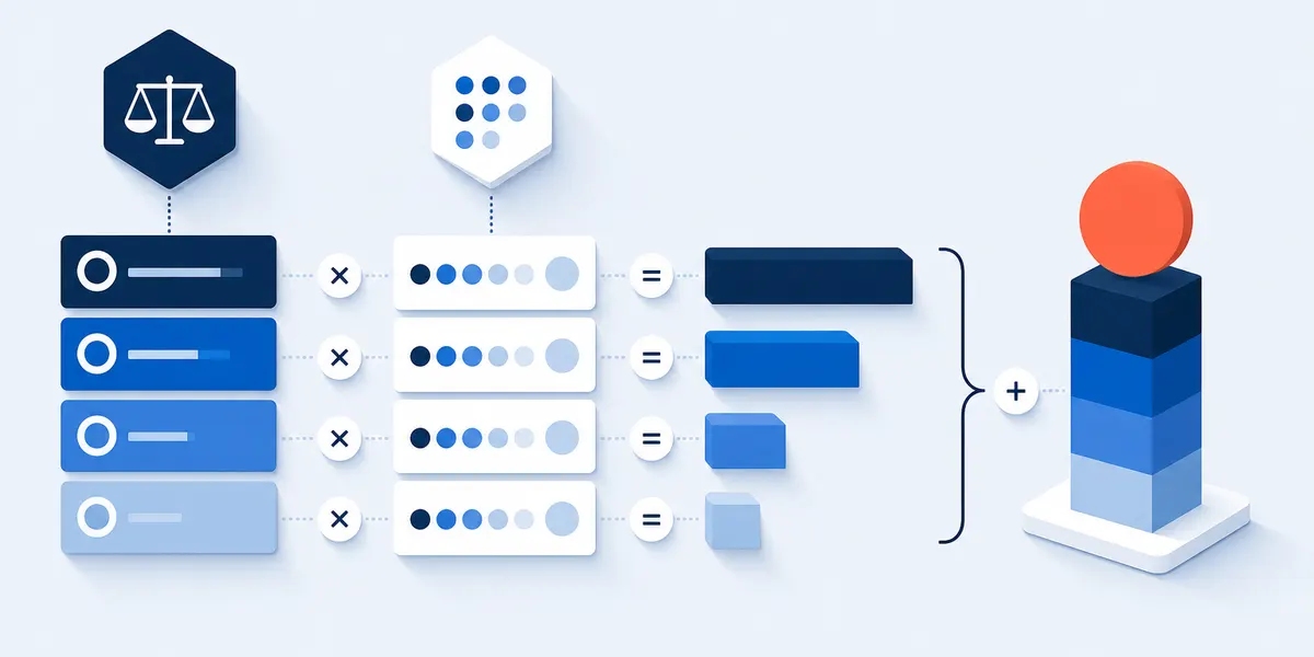 Four criterion weights, each multiplied by its row of survey ratings, the four products stacked into one total score