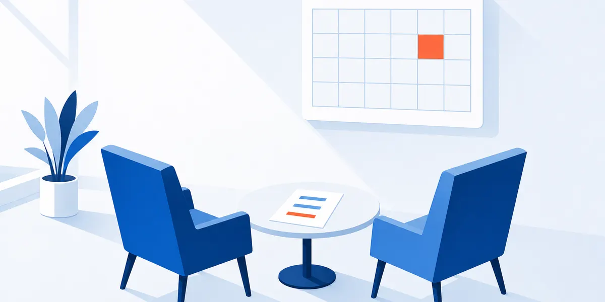 Two chairs turned toward each other across a small table holding a sheet with three items on it, one of them marked, under a wall calendar with a single date picked out