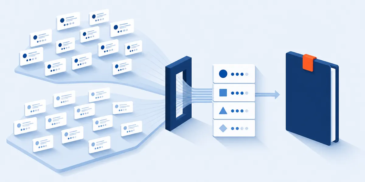 Two groups of response cards flowing through one funnel into a short ranked list, and from there into a closed plan document