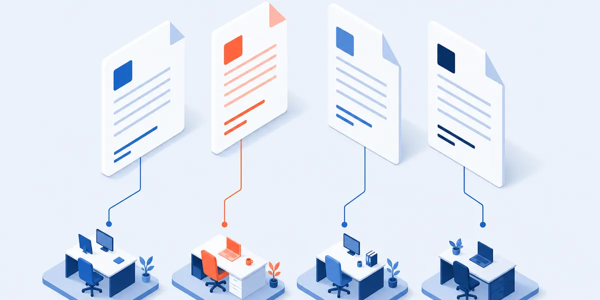 Four survey documents, each joined by a line to a different desk, with one document and its desk highlighted
