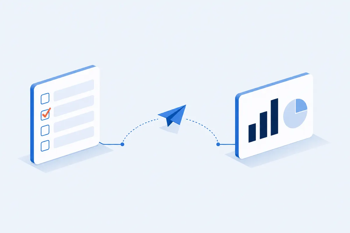 A survey form, a paper plane carrying the share link, and a results chart
