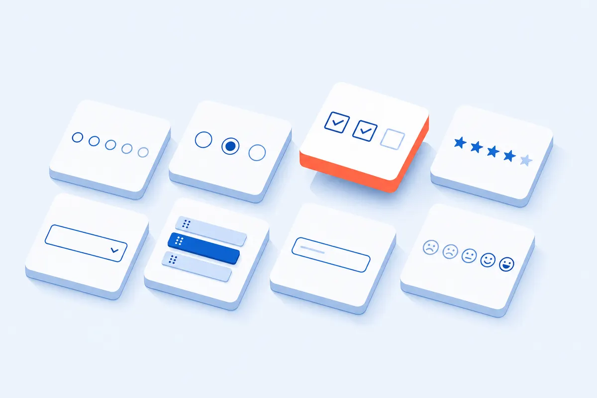A palette of survey question type tiles: rating scale, multiple choice, checkboxes, stars, dropdown, ranking and text