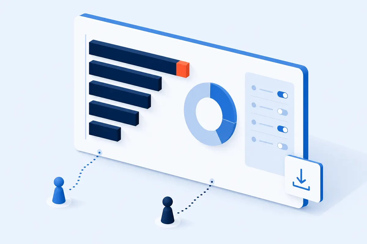 A results dashboard with a bar chart, a donut chart, a filter panel and an export arrow