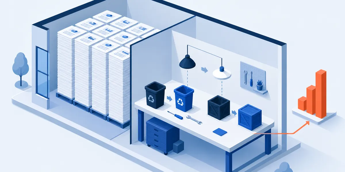 An isometric cutaway of an office: pallets of identical printed reports fill one half, while in the other a workbench holds a bin, a light fitting and a delivery crate each being swapped for a different one, with a line running out to a small bar chart