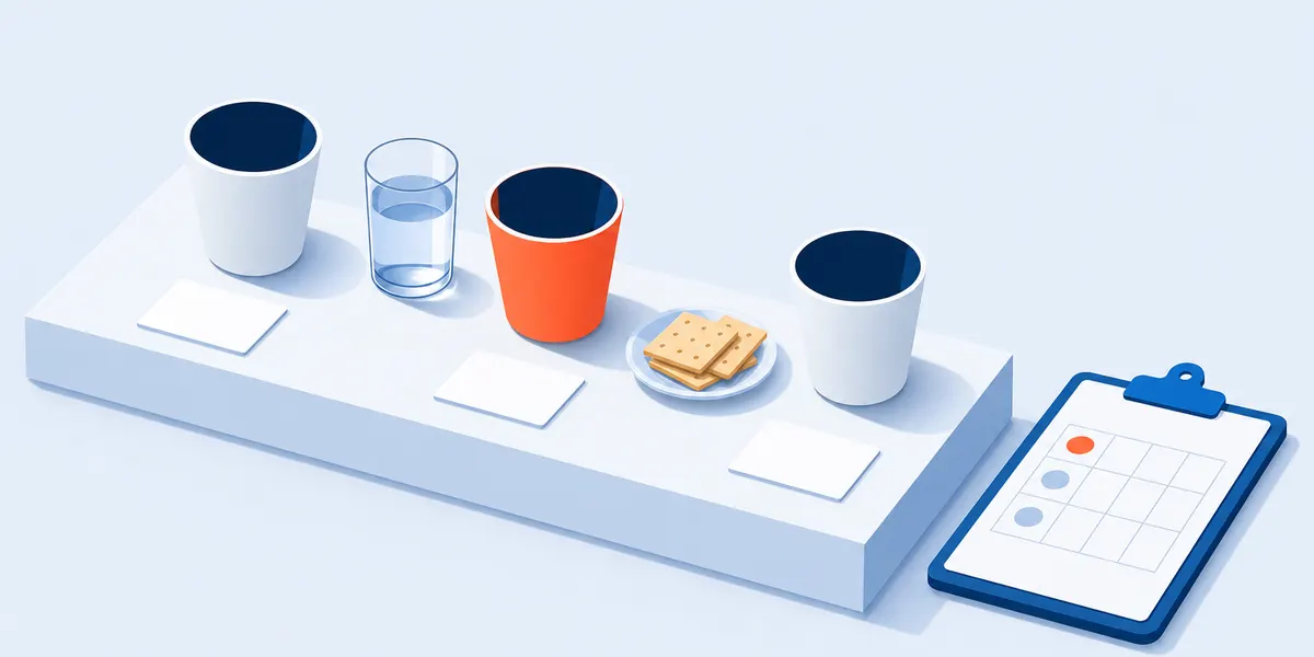 Three identical unbranded tasting cups in a row, each on a blank code card, with a glass of water and a plain cracker set between them