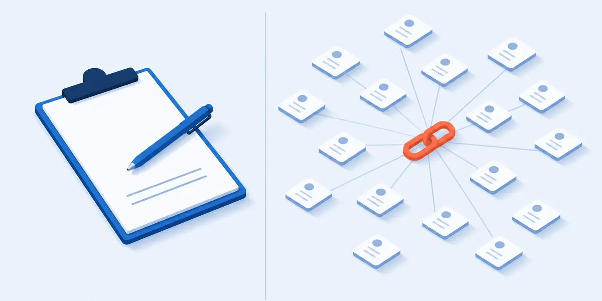 On the left a single clipboard form with a pen and two signature lines; on the right one link fanning out to many small identical answer cards