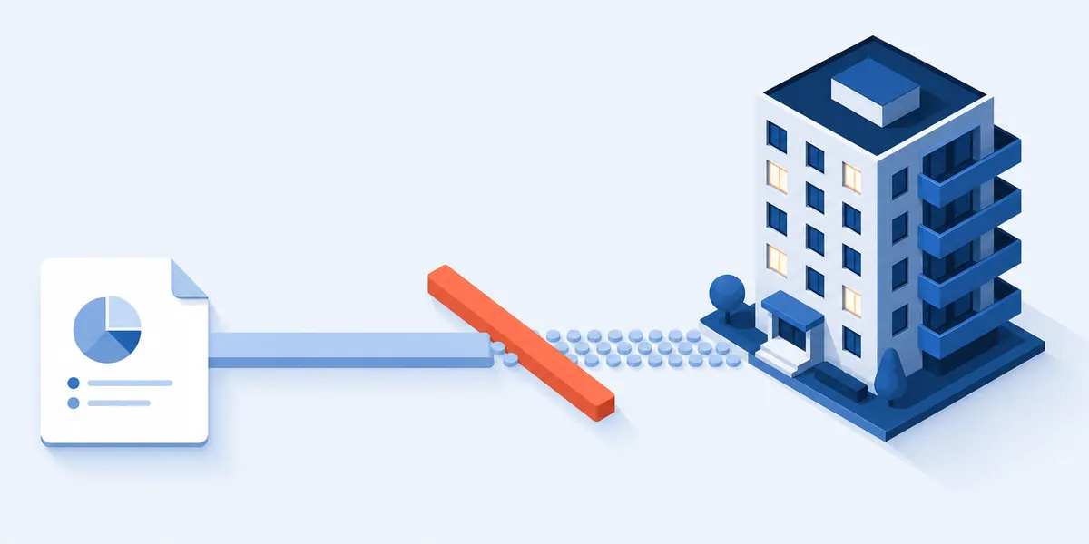Isometric diagram of a residential apartment building on the right, with many small separate pale blue tokens travelling left along a channel, passing beneath a broad coral bar and emerging on the far side as one continuous merged band that arrives at a single flat report card