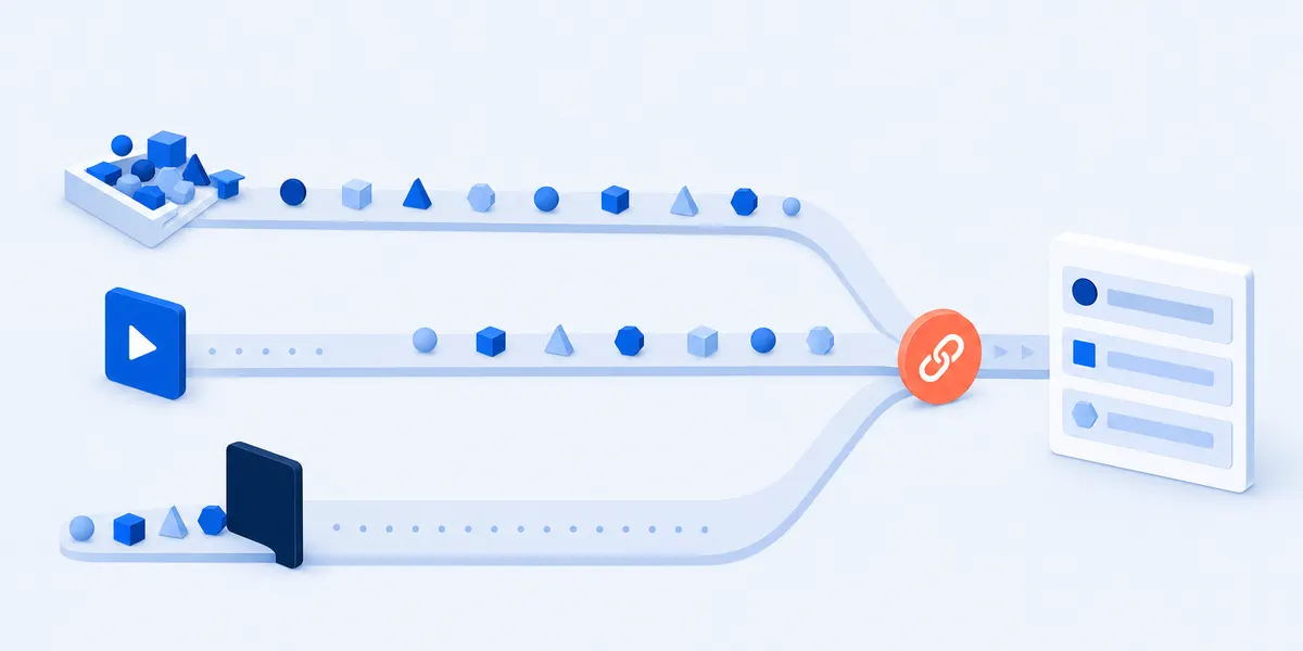 Three tracks running left to right: one flowing freely, one starting from a play button, and one blocked by a closed dark panel, all three converging on a single link marker that opens into a stack of answer bars