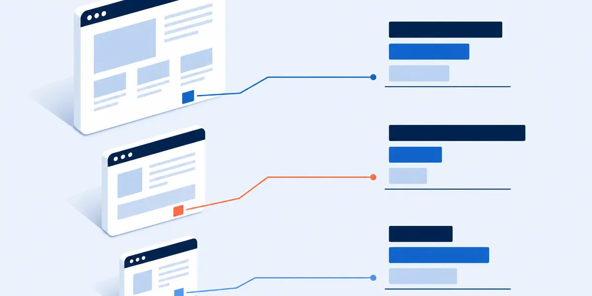 Three browser windows each carrying a small link marker, with separate lines running from each marker to its own separate set of result bars