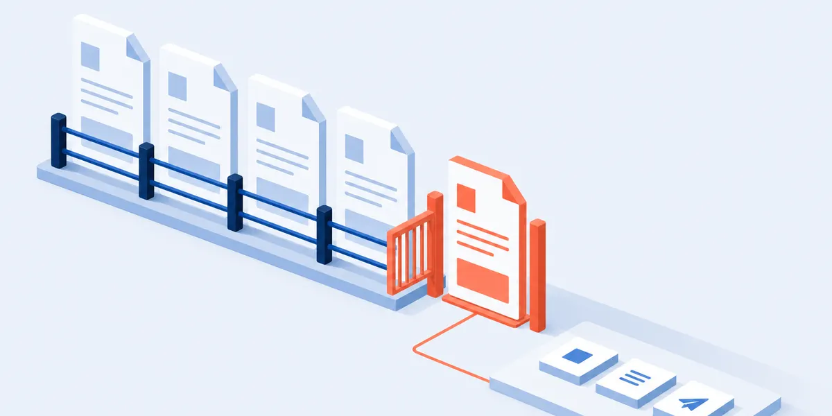 Five wellbeing instruments drawn as upright document cards, four held behind a closed barrier and one passing through an open gate onto a work surface
